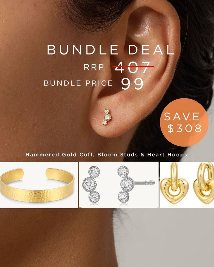 Bundle 1 - Hammered Gold Cuff, Bloom Studs & Heart Hoop