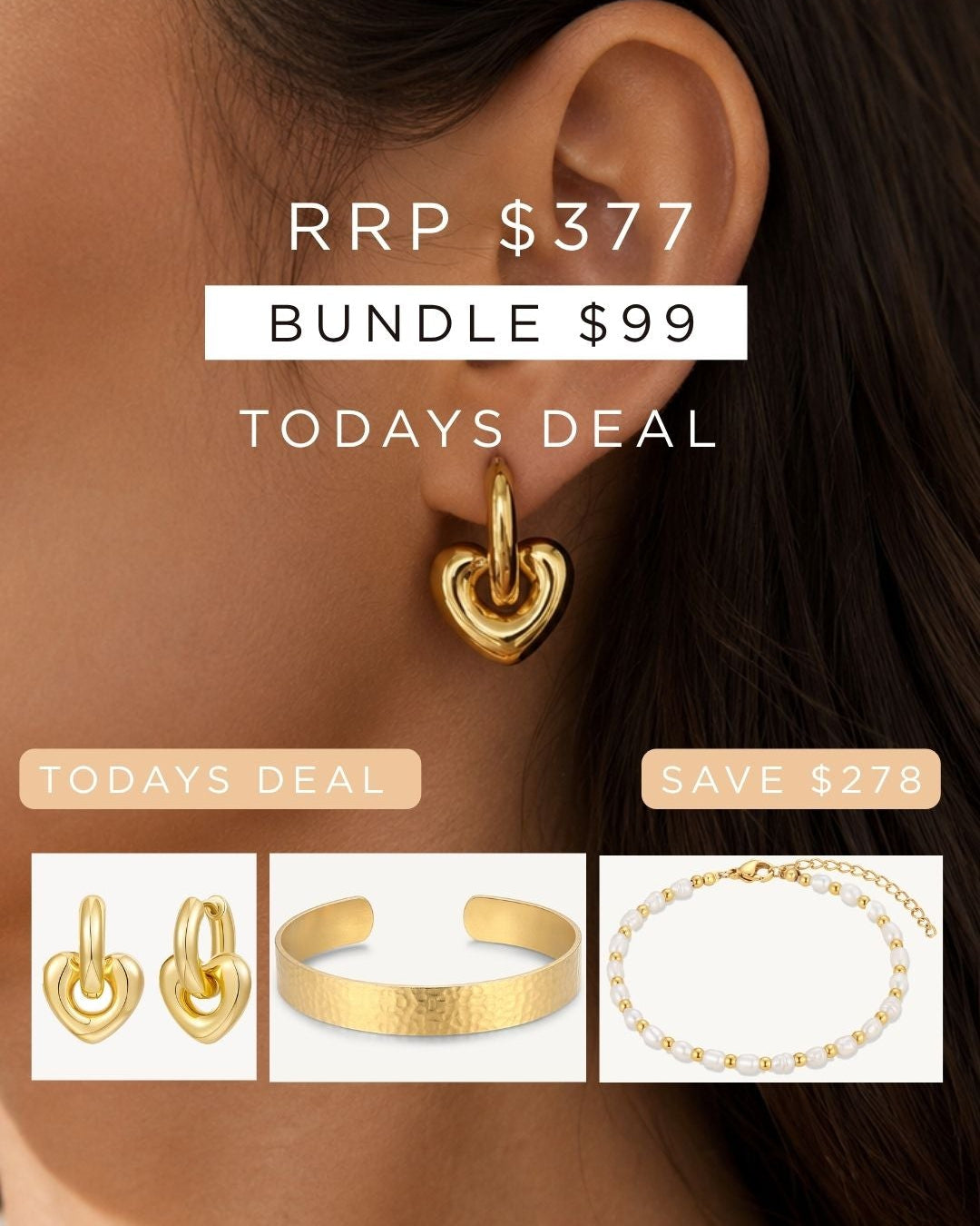 Pre Order - Bundle 12- Heart Hoop, Freshwater Pearl Bracelet, Hammered Gold Cuff