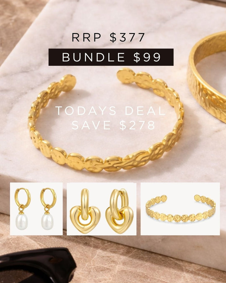 Bundle 5 - Hammered Coin Cuff, Freshwater Pearl Hoop. Heart Hoop