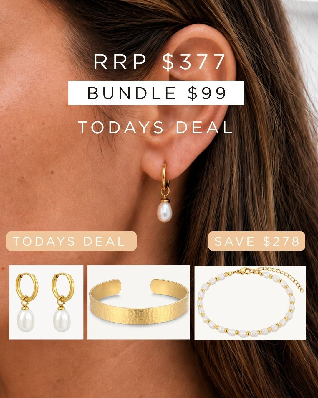 Bundle 9- Hammered Gold Cuff, Freshwater Pearl Hoop, Freshwater Pearl BRC