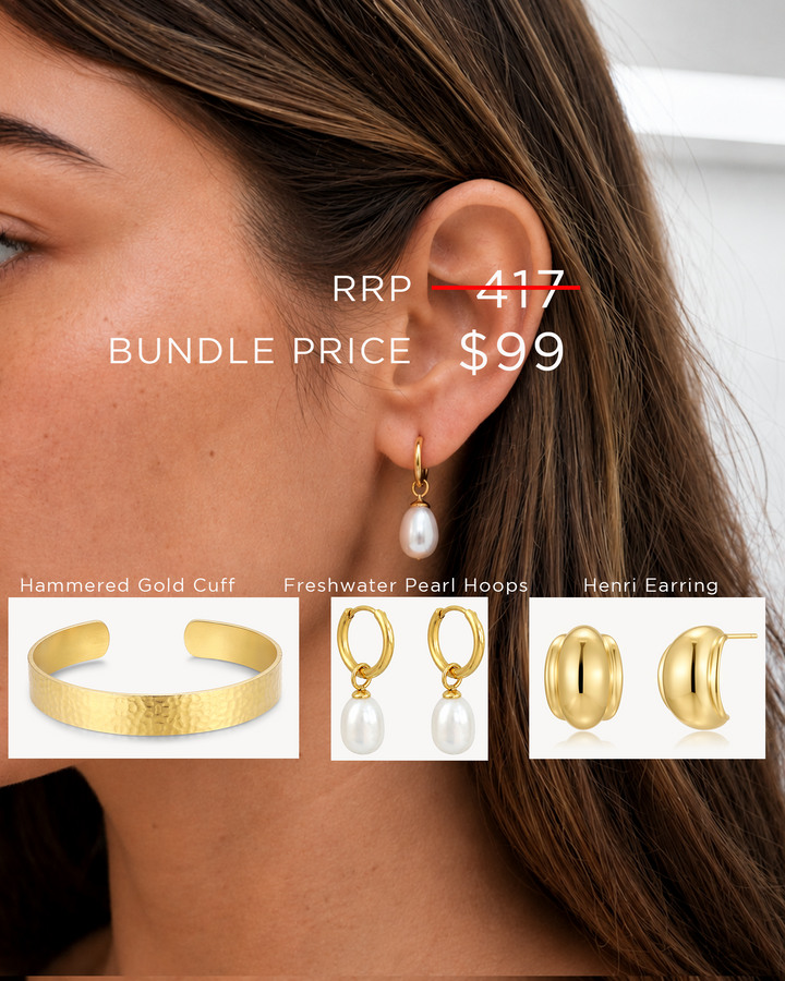 Bundle 10- Hammered Gold Cuff, Freshwater Pearl Hoop, Henri Earring
