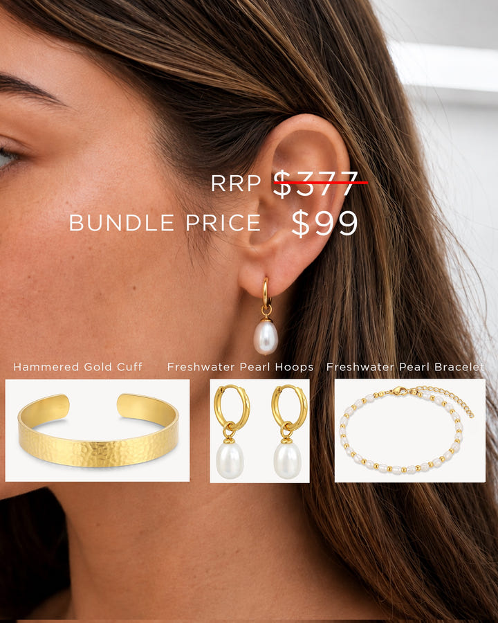 Bundle 9- Hammered Gold Cuff, Freshwater Pearl Hoop, Freshwater Pearl BRC