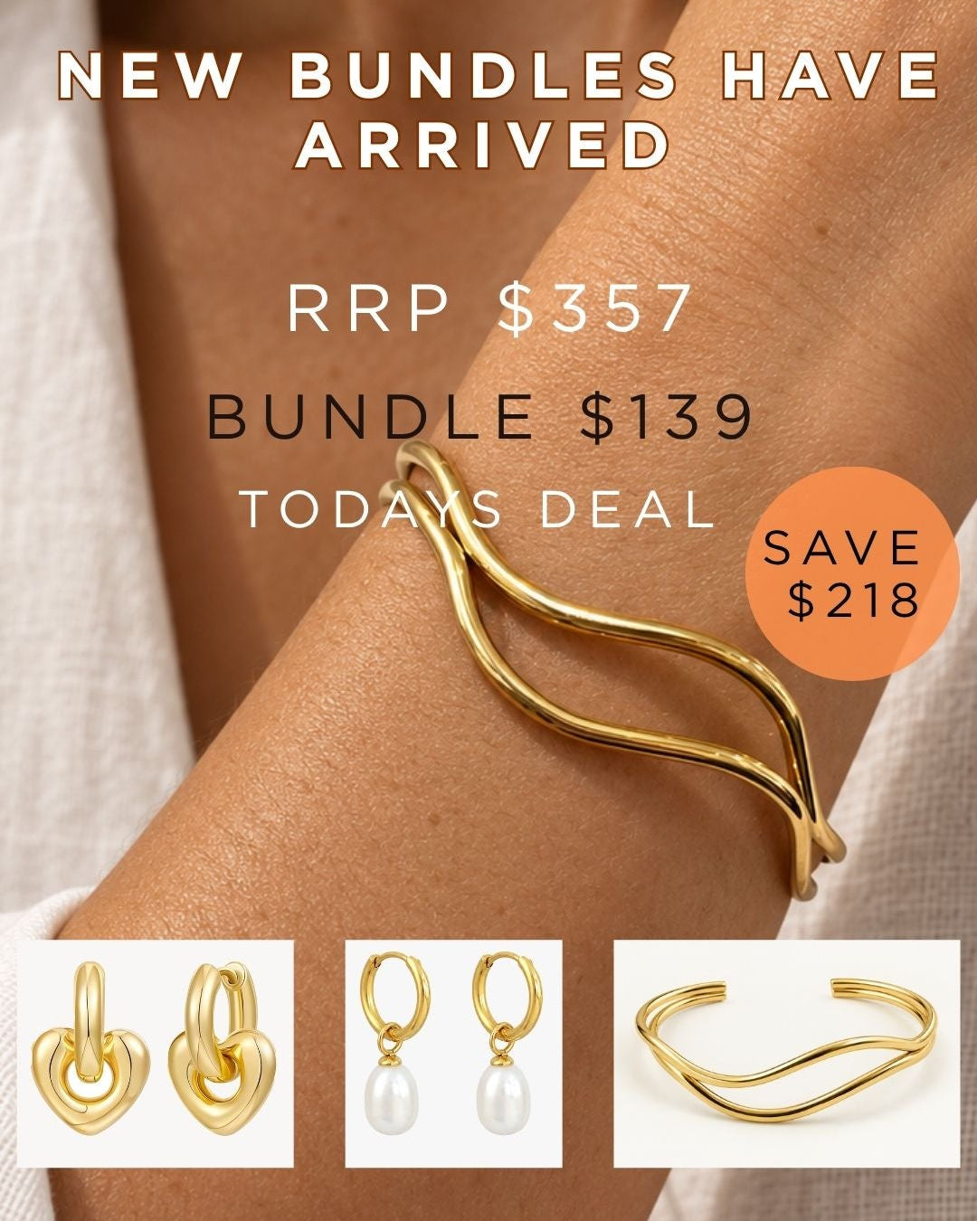 Ava Bundle- Wave Cuff, Freshwater Pearl Hoop, Heart Hoop