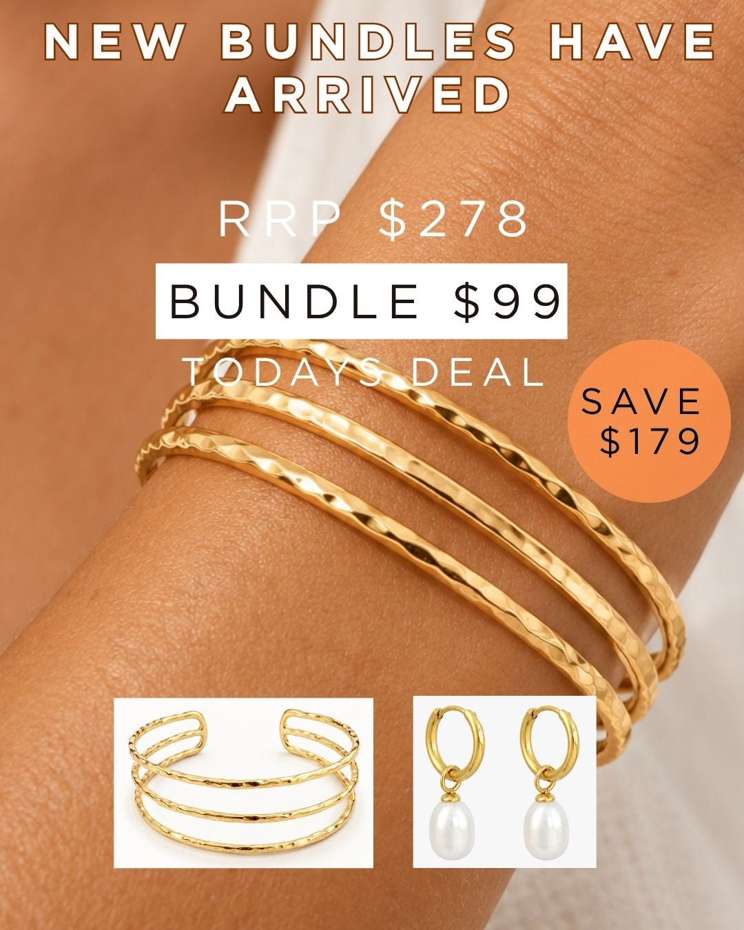 Fica Bundle- Triple Hammered Cuff & Freshwater Pearl Hoop