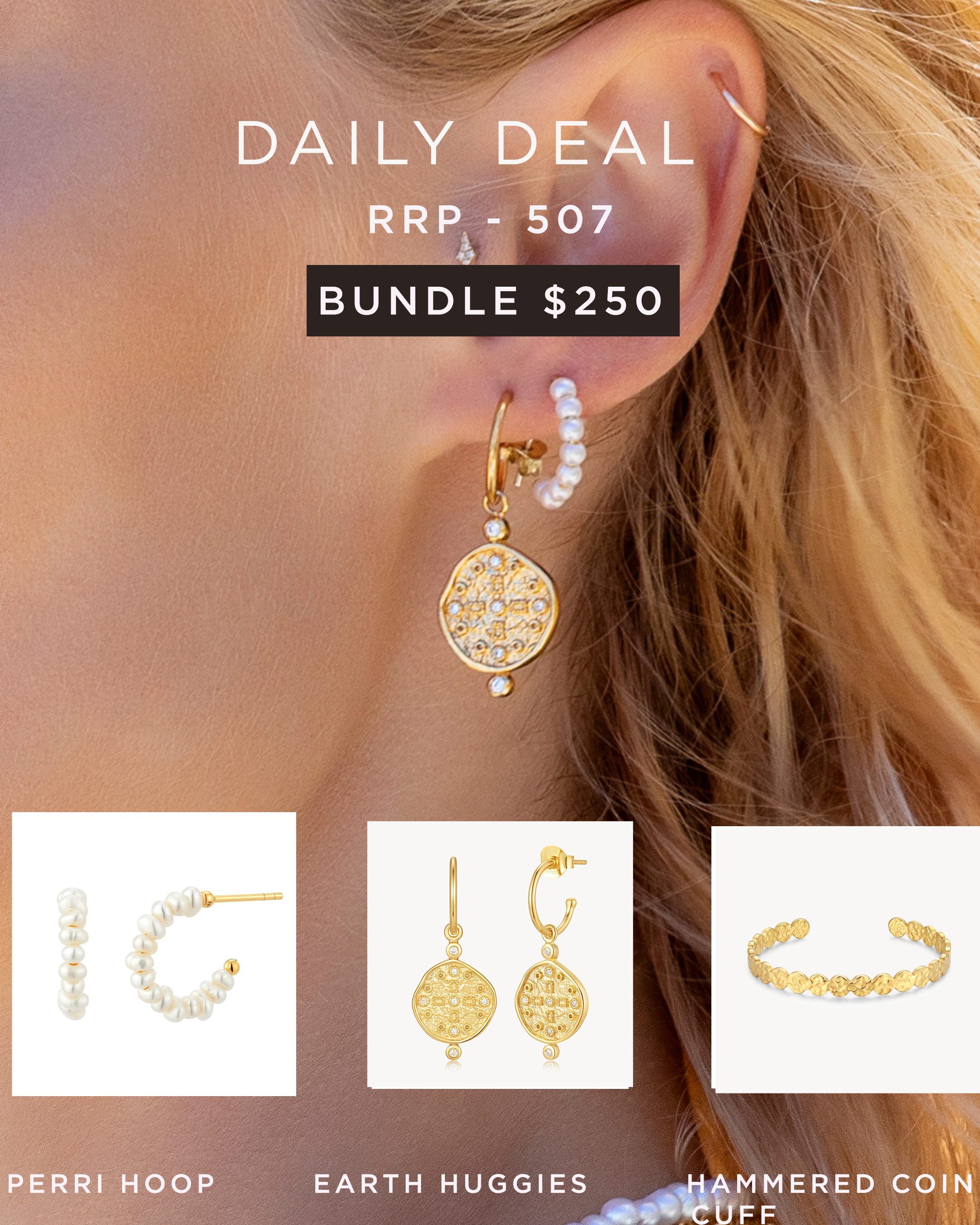 Bundle 4 - Perri Hoop, Earth Huggie, Hammered Coin Cuff