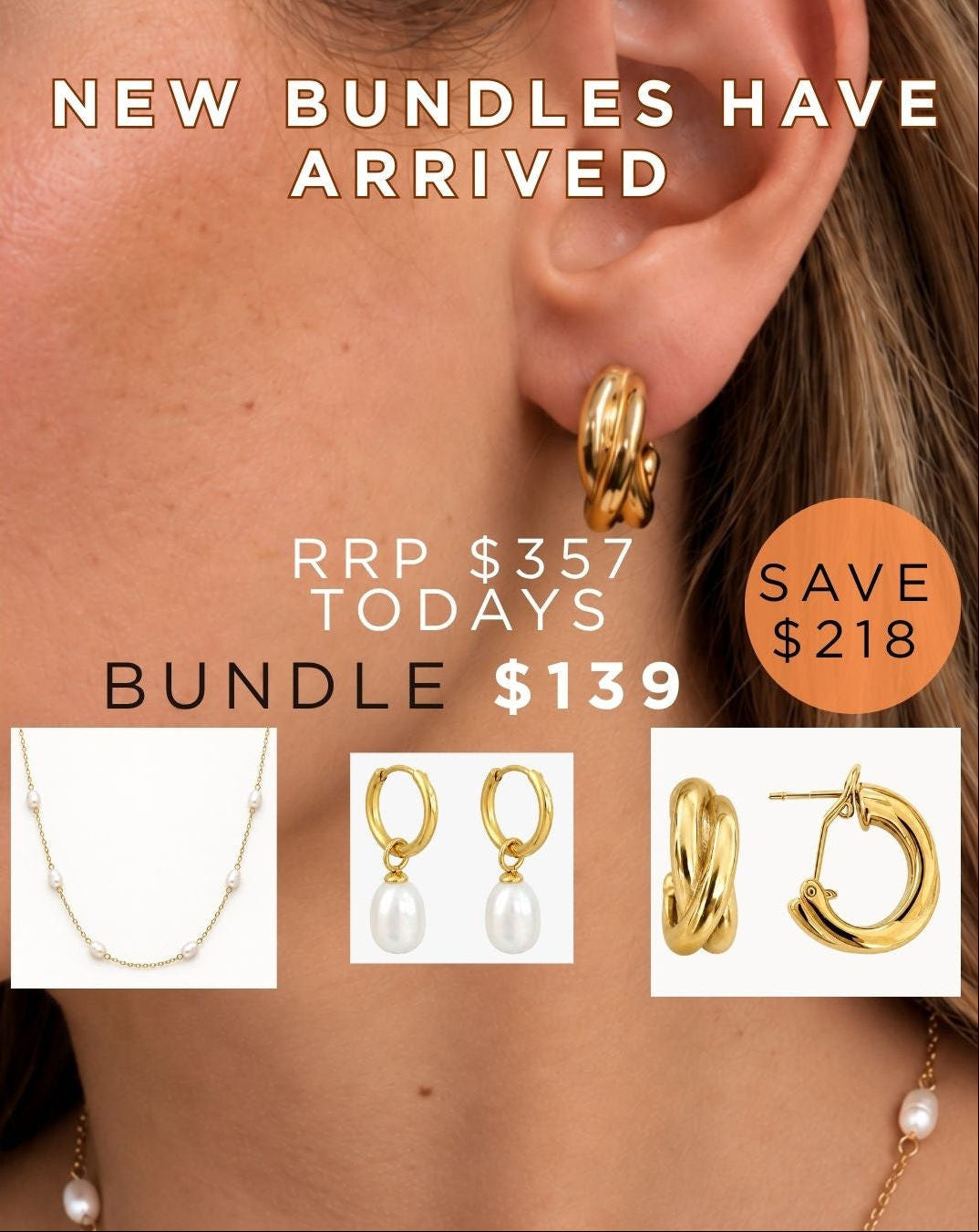 Dia Bundle- Freshwater Pearl Necklace,  Freshwater Pearl Hoop Earrings &  Bec Earrings
