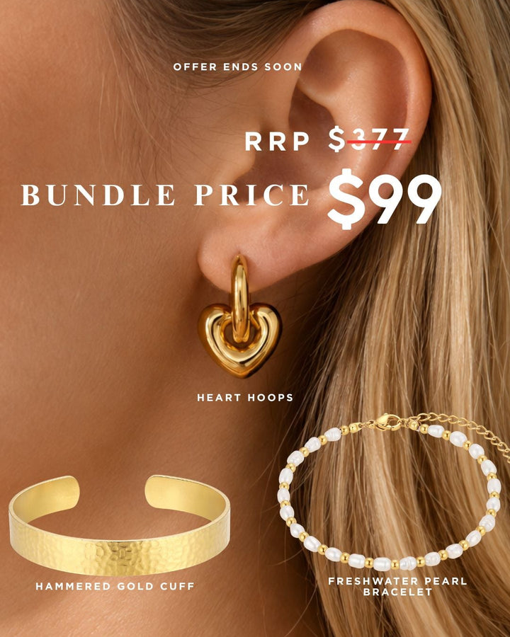 Pre Order - Bundle 12- Heart Hoop, Freshwater Pearl Bracelet, Hammered Gold Cuff