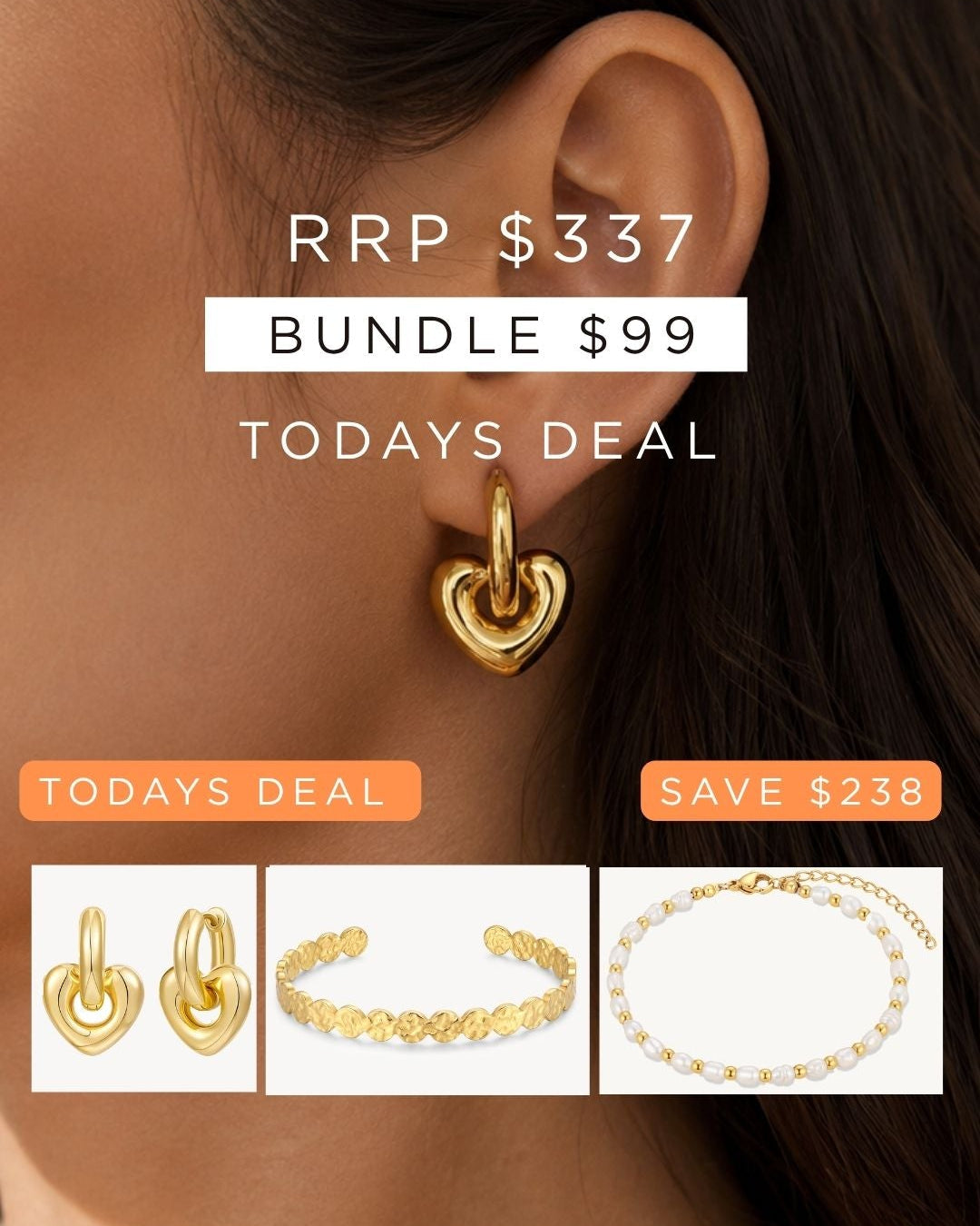 Bundle 13- Heart Hoop, Freshwater Pearl Bracelet, Hammered Coin Cuff