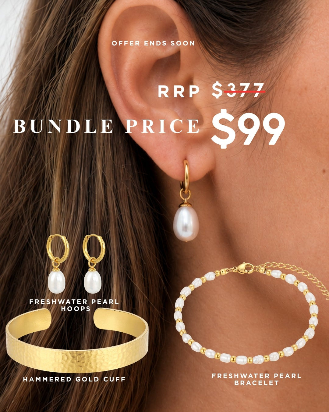 Bundle 9- Hammered Gold Cuff, Freshwater Pearl Hoop, Freshwater Pearl BRC