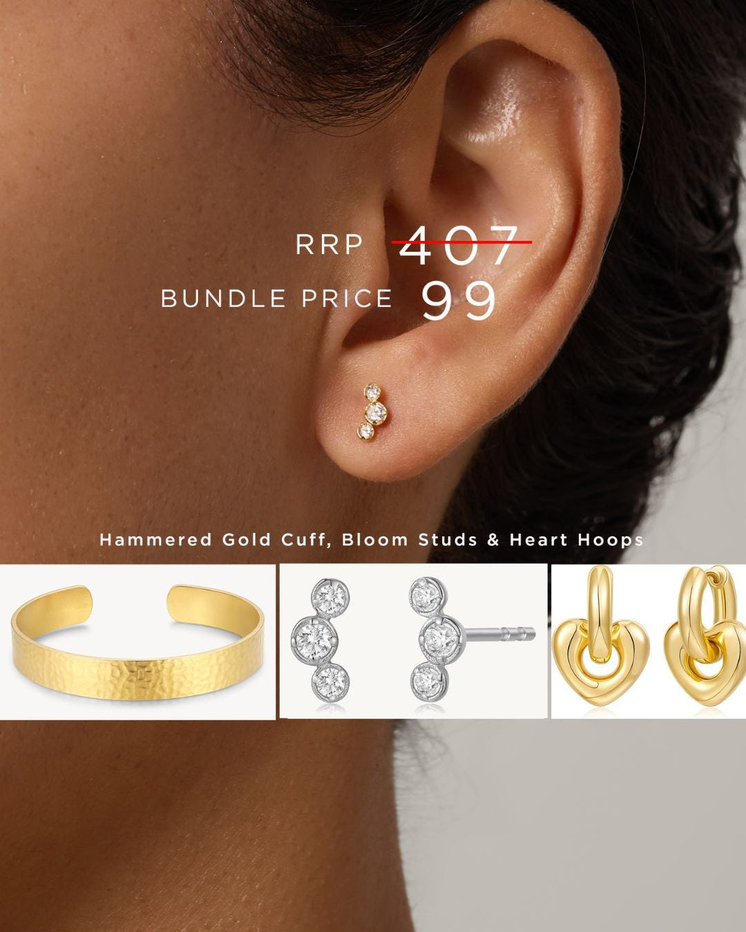 Bundle 1 - Hammered Gold Cuff, Bloom Studs & Heart Hoop