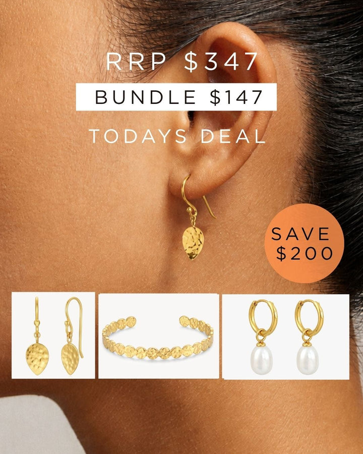Bundle 14- Petal Earring, Freshwater Pearl Hoop, Hammered Coin Cuff