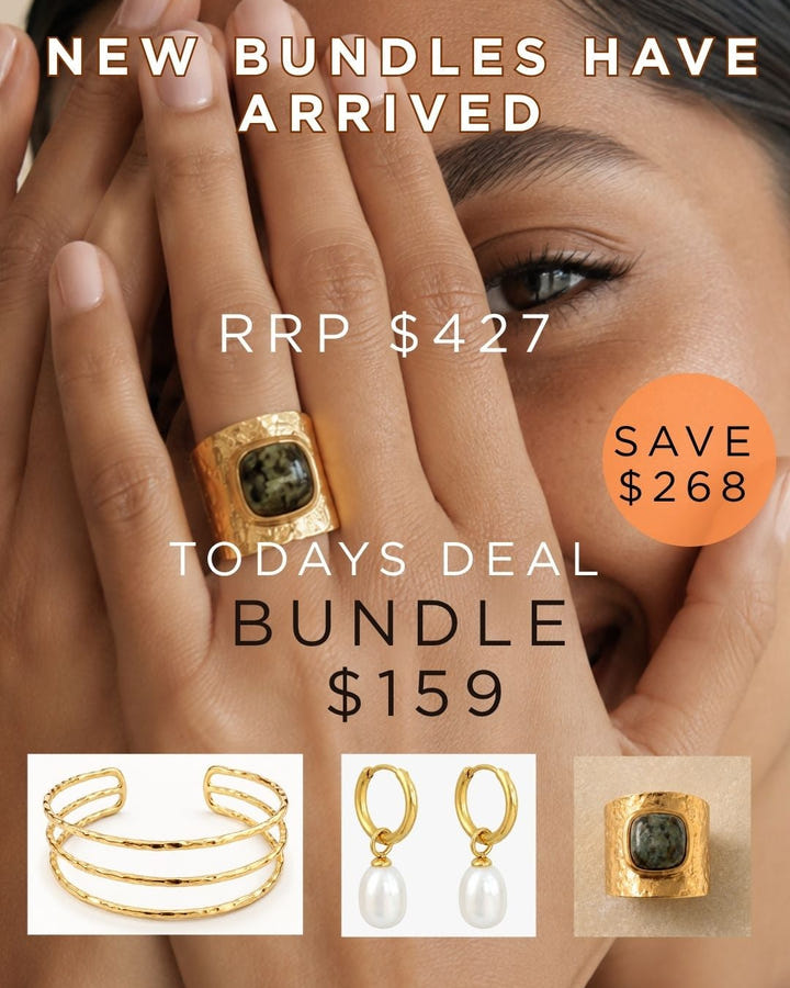 Cee Bundle- Triple Hammered Cuff, Freshwater Pearl Hoop, African Turquoise Ring