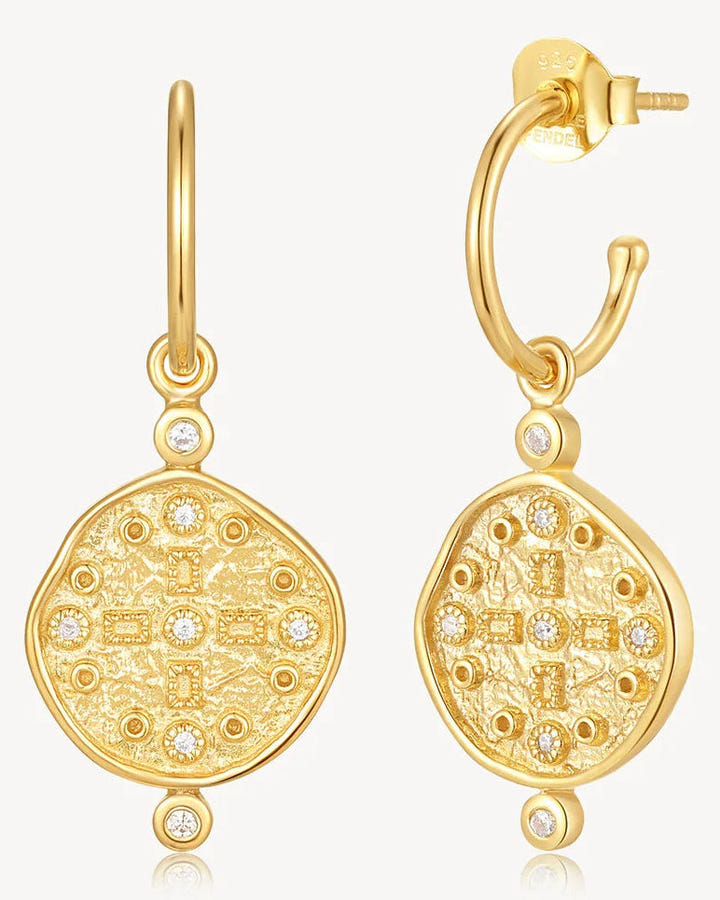 Earth Coin Huggie Gold, 18k gold vermeil coin huggie earring, Nicole Fendel