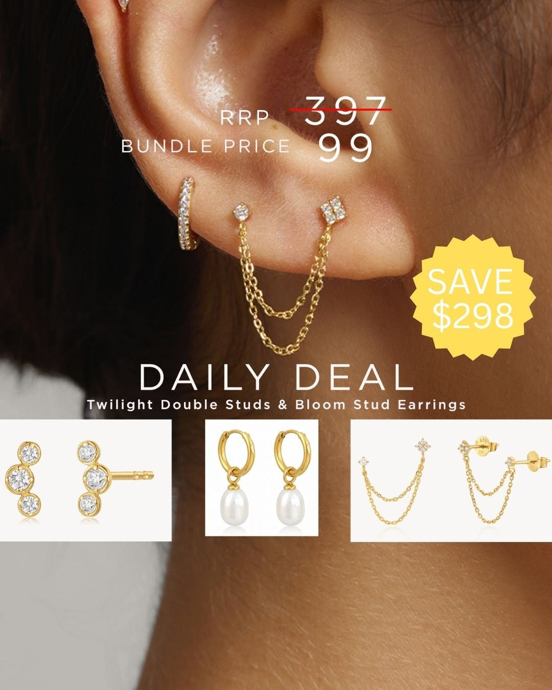 Bundle 3- Bloom Stud, Twilight Double Studs, Freshwater Pearl Hoop